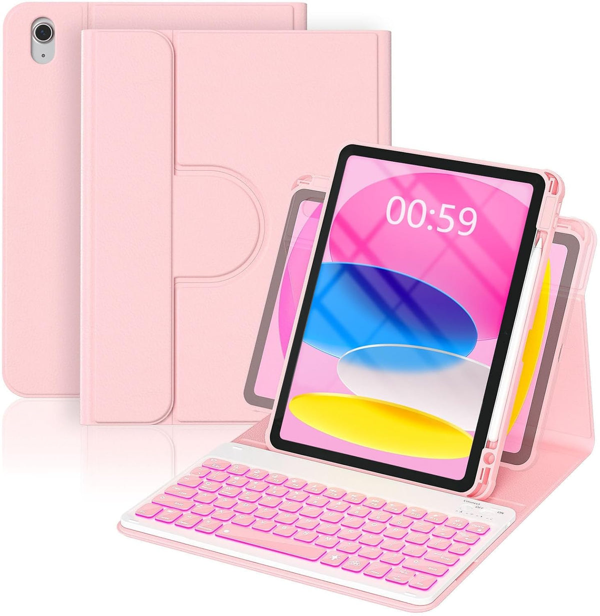 YBING pink keyboard case for iPad front view showing illuminated keys