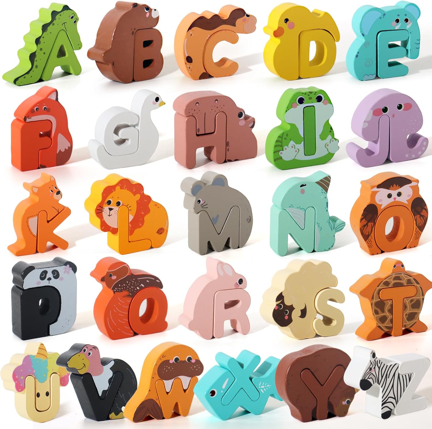 BESTAMTOY 52 Pieces Matching Game front view showing wooden alphabet animal puzzles for toddlers.