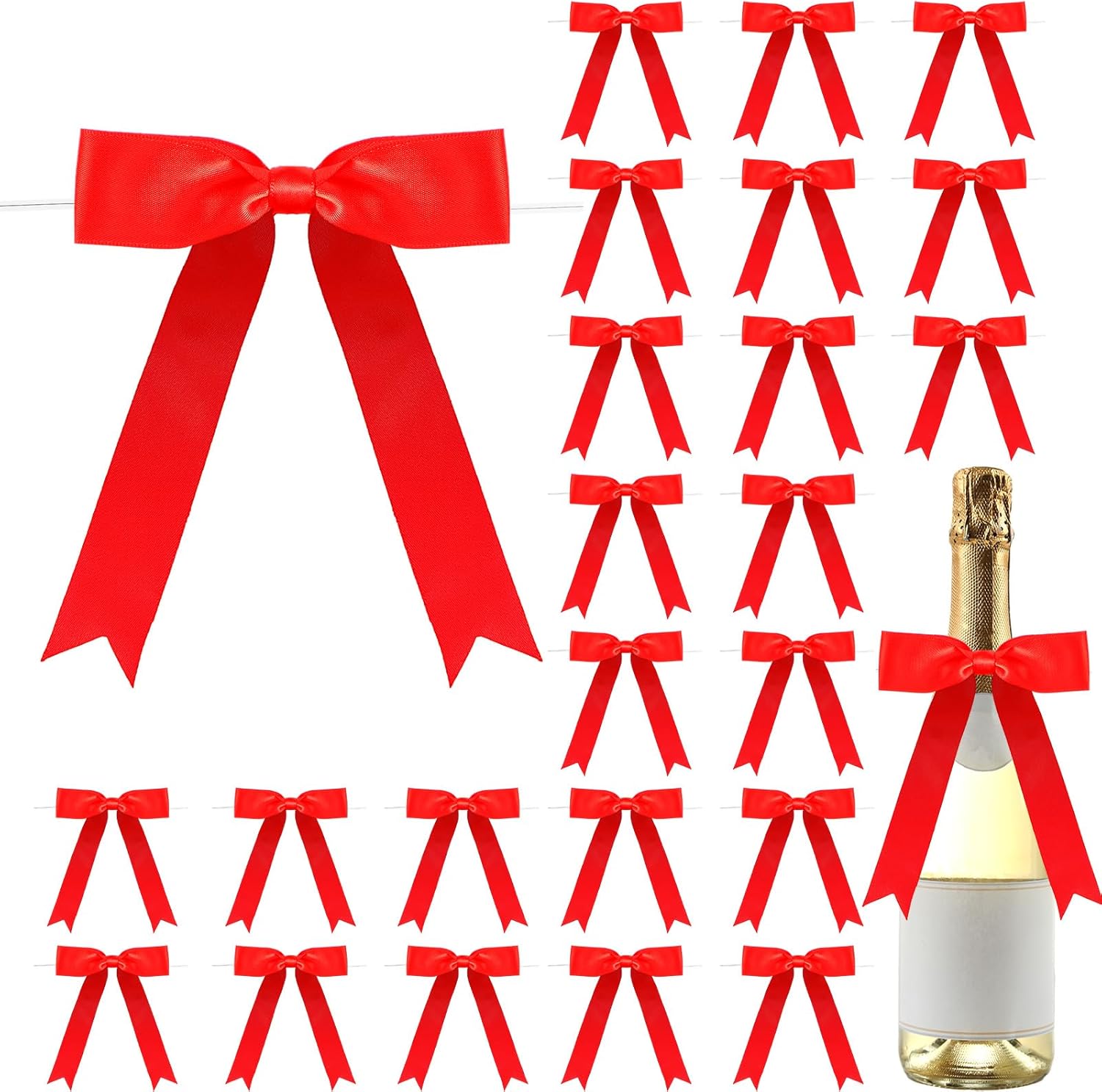 Riceshoot 24 Pieces Red Satin Ribbon Twist Tie Bows front view showcasing the pre-tied loops and vibrant finish.