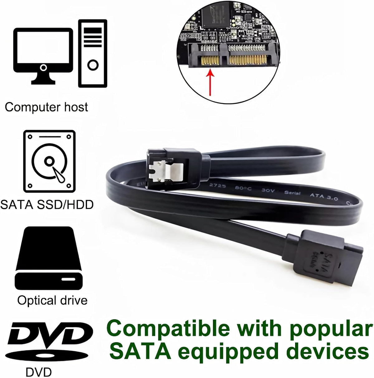 OHKIKOME 6Gbps SATA cable plugged into a solid-state drive