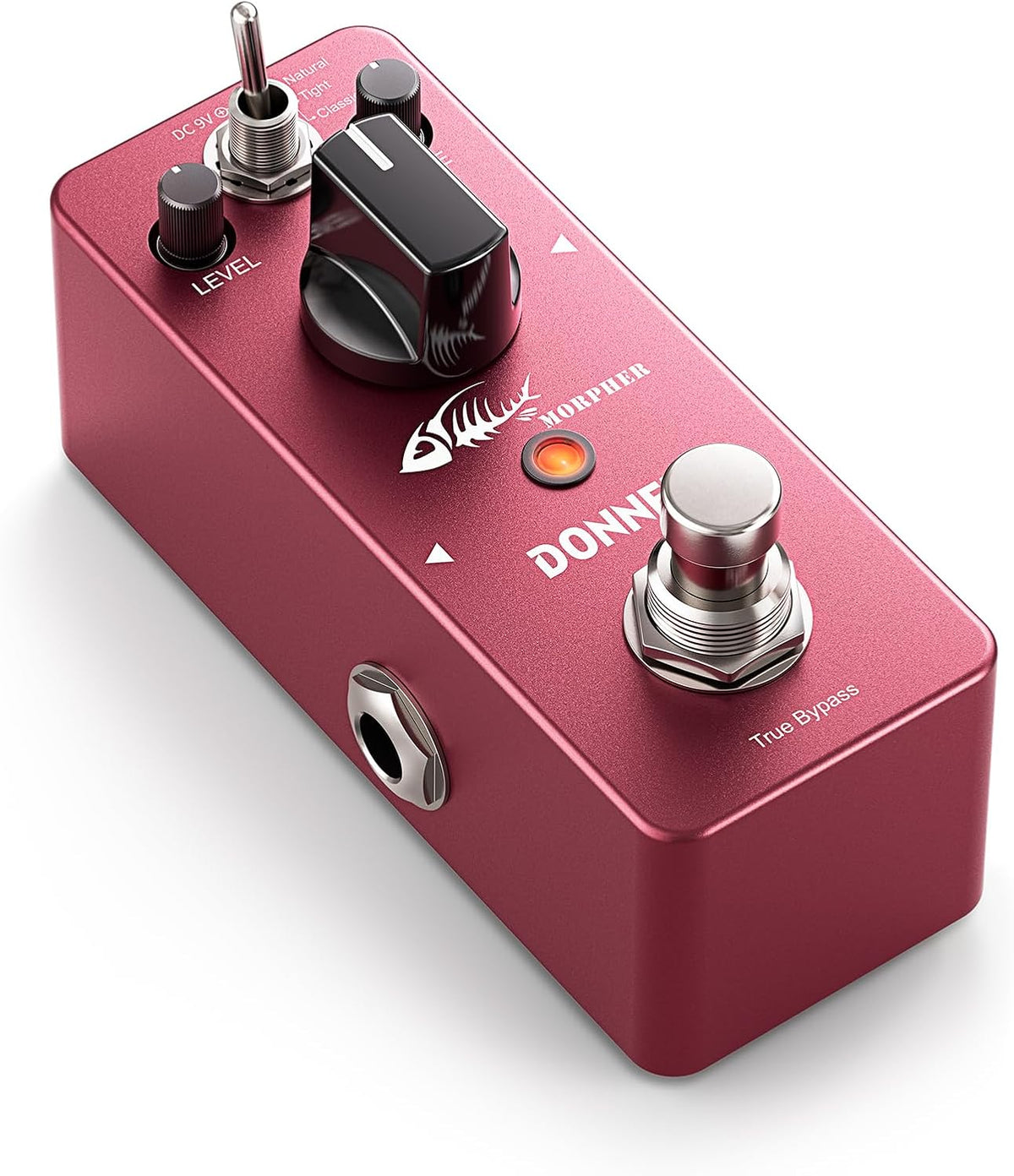 Donner Morpher distortion guitar pedal front view showing metallic red finish and control knobs.