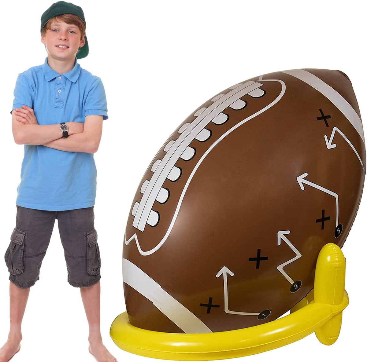 GiftExpress 40 Inch Giant Jumbo Inflatable Football front view at a backyard sports party.