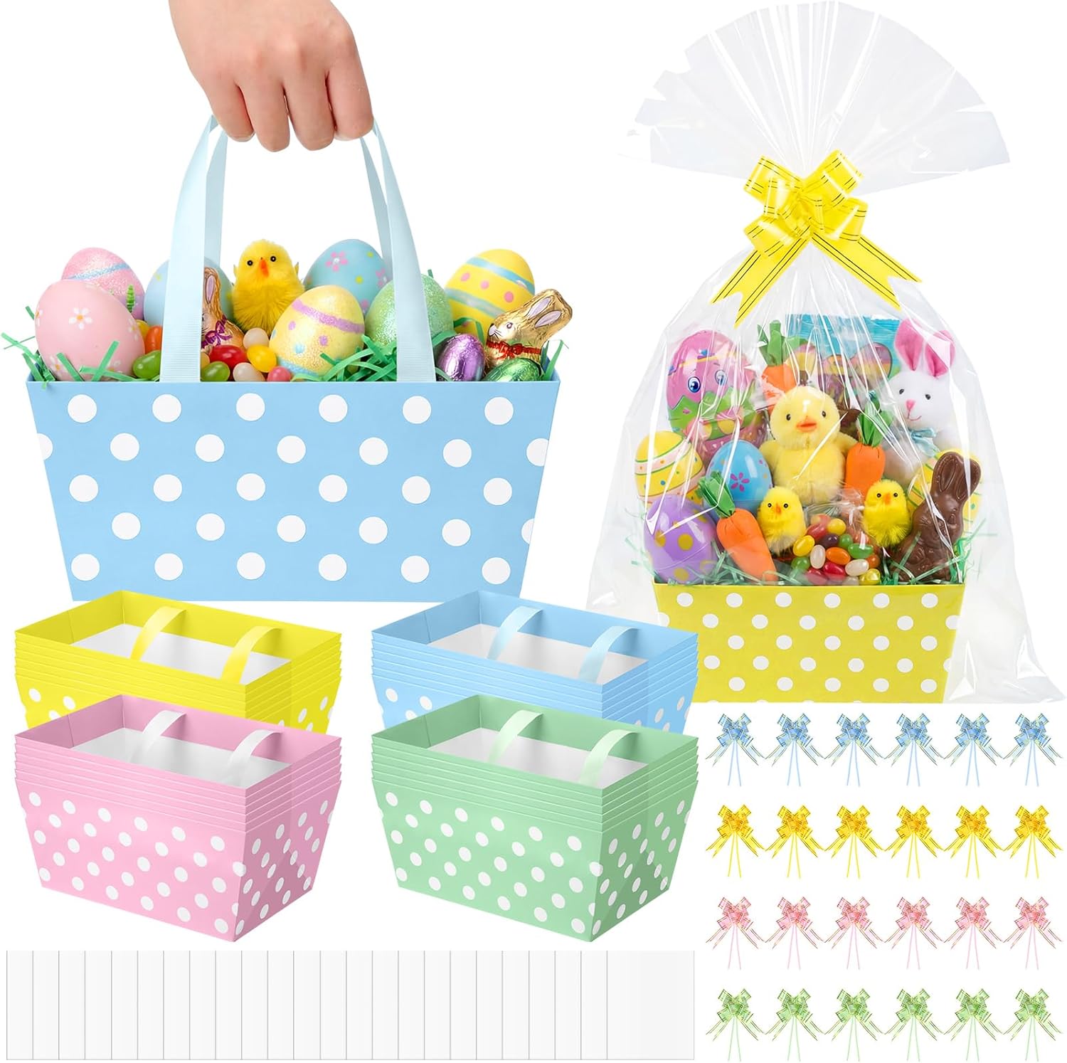 Funnymoom Moinchore empty polka dot gift basket front view showing festive cardboard market tray setup
