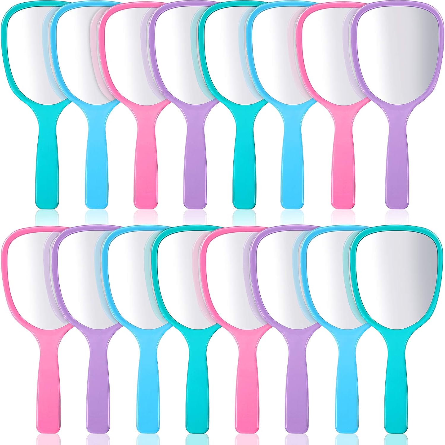 Hicarer Handheld Makeup Mirror front view showcasing the clear glass surface and blue plastic handle.