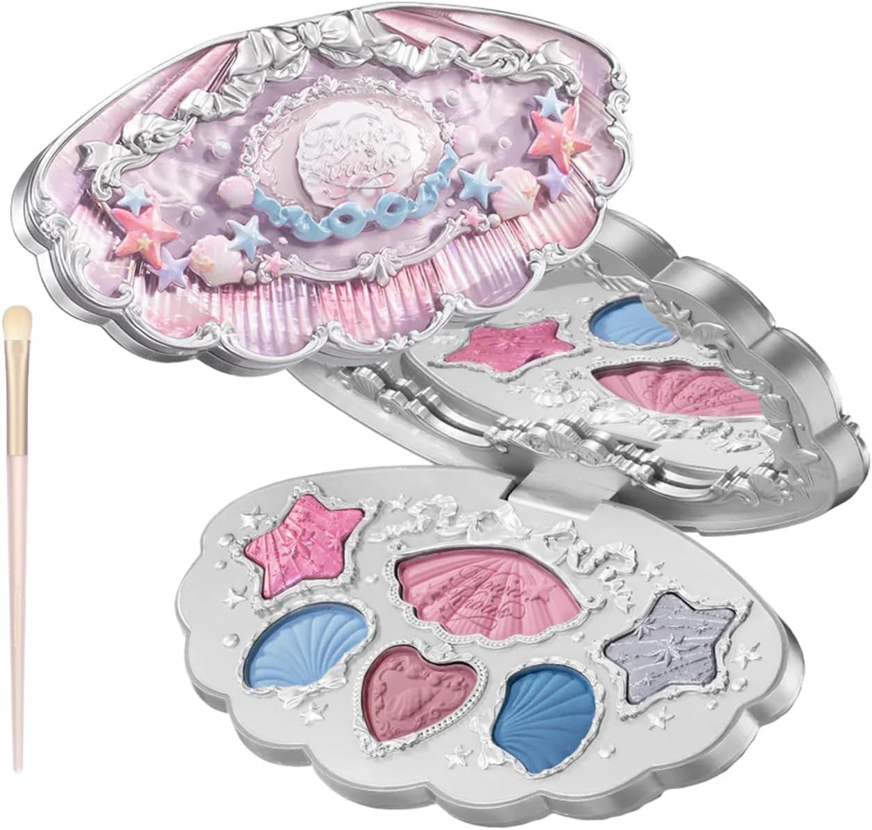 Flower Knows Shell's Jewel 6-Color Makeup Palette front view showing silver seashell packaging.