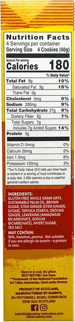 Nairn's ginger biscuits box showing whole grain oat details and gluten-free certification labels clearly.