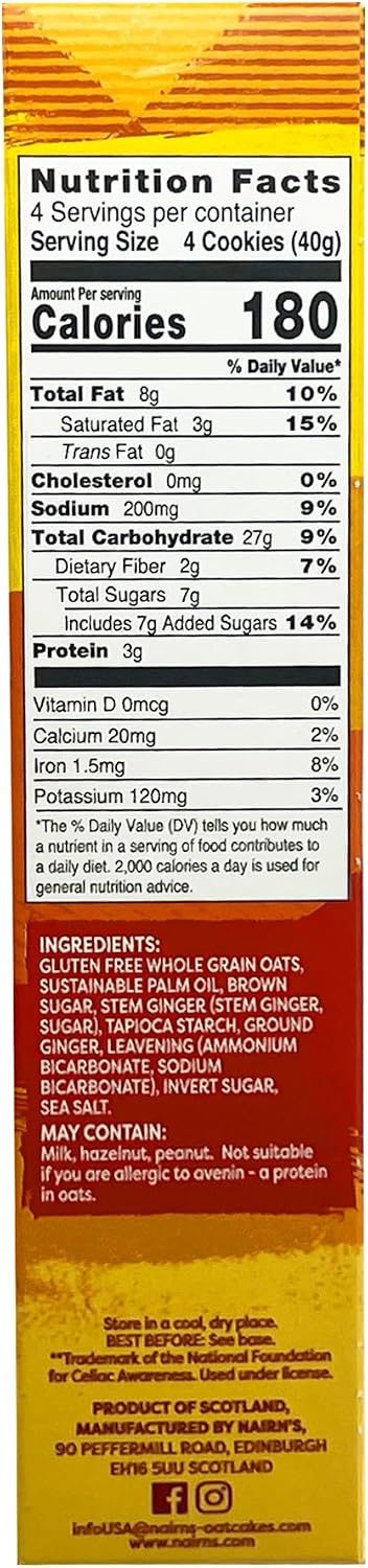 Nairn's ginger biscuits box showing whole grain oat details and gluten-free certification labels clearly.