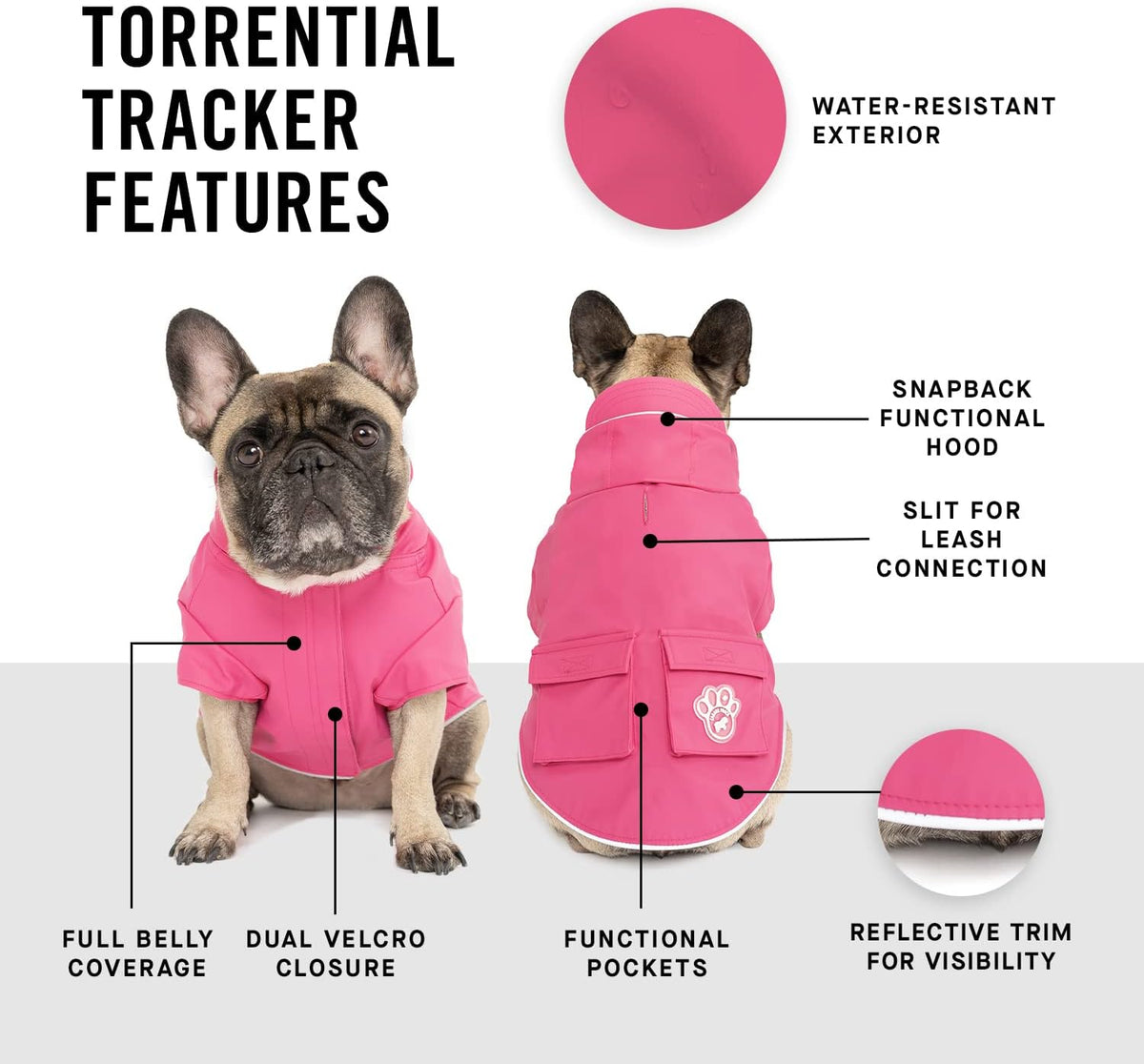 Pink waterproof dog jacket hood and reflective trim detail
