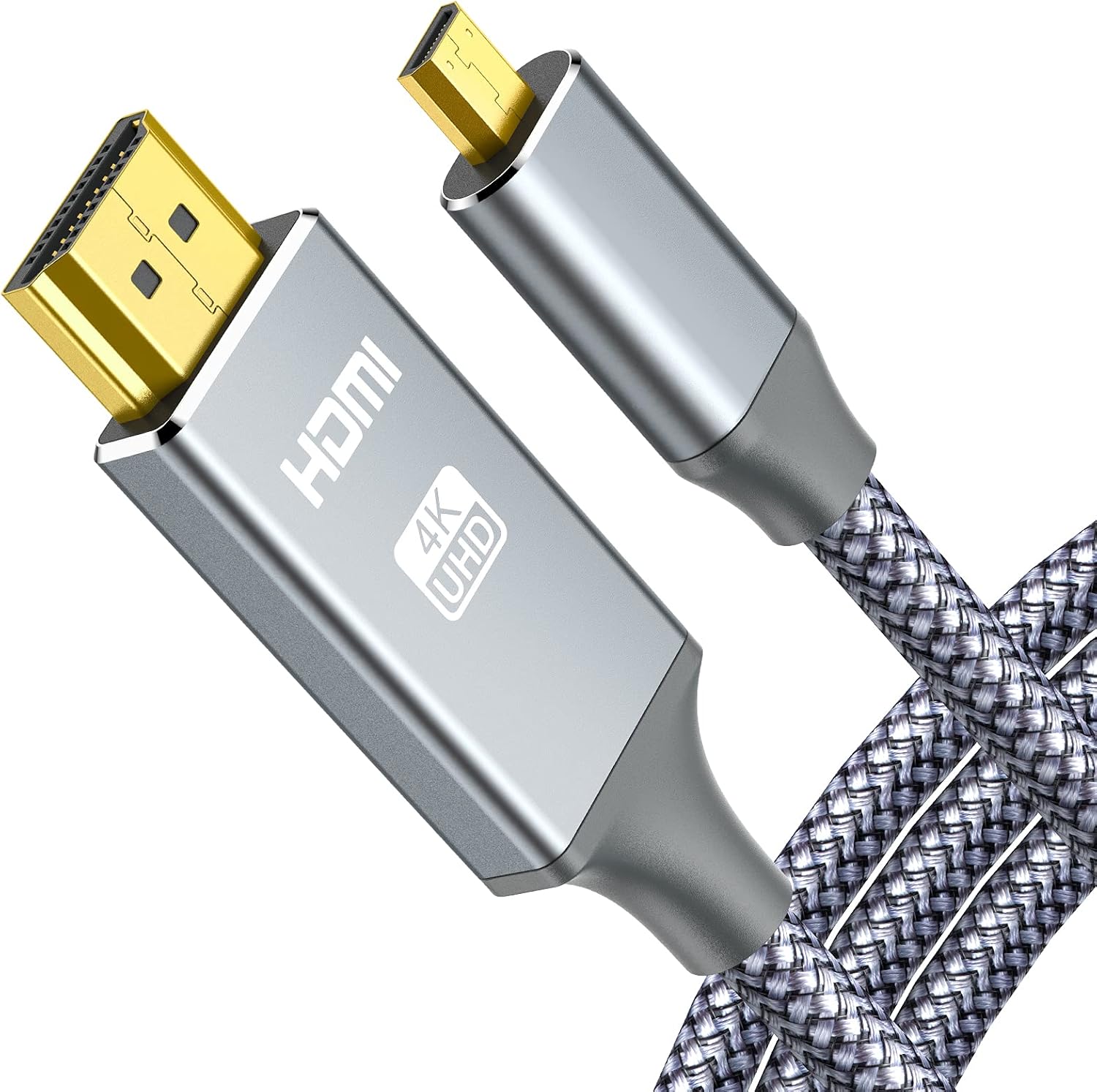 Oldboytech 4K Micro HDMI to HDMI Male Cable Adapter front view showcasing the premium grey braided design.