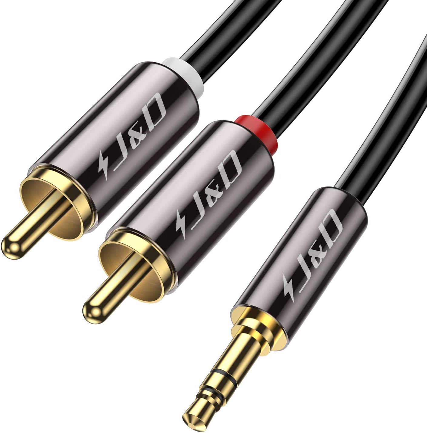 J&D 3.5mm to 2RCA audio adapter cable front view showing gold-plated connectors