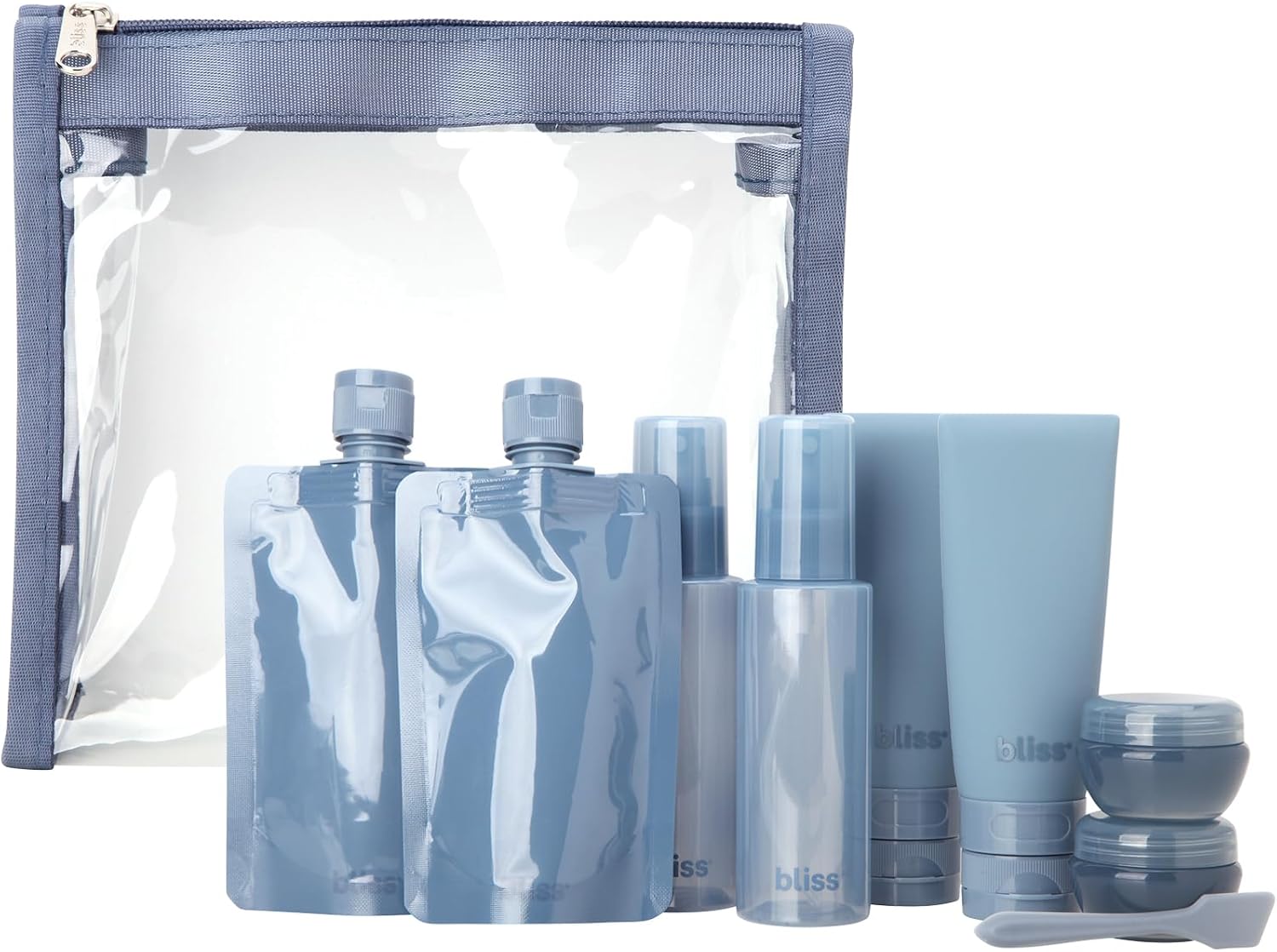 Bliss Travel Bottles Set front view showcasing the full 10-piece collection in denim blue.