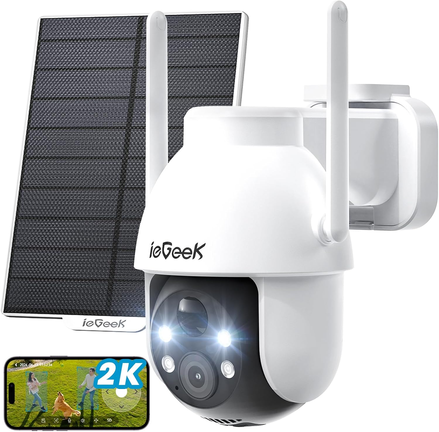 ieGeek solar wireless outdoor security camera front view showcasing the lens and dual antennas