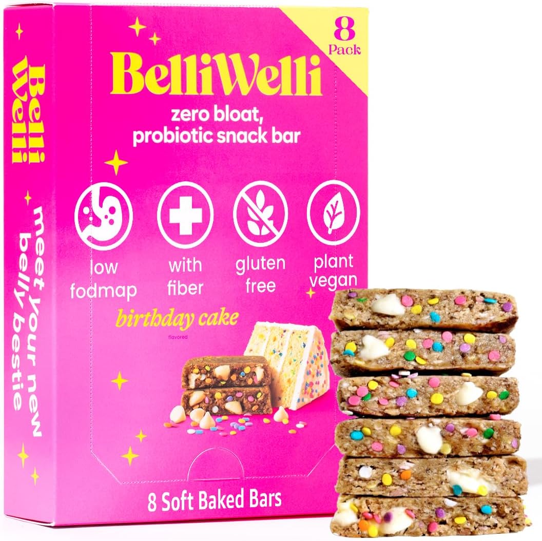 BelliWelli Soft Baked Probiotic Snack Bar Birthday Cake eight pack front view