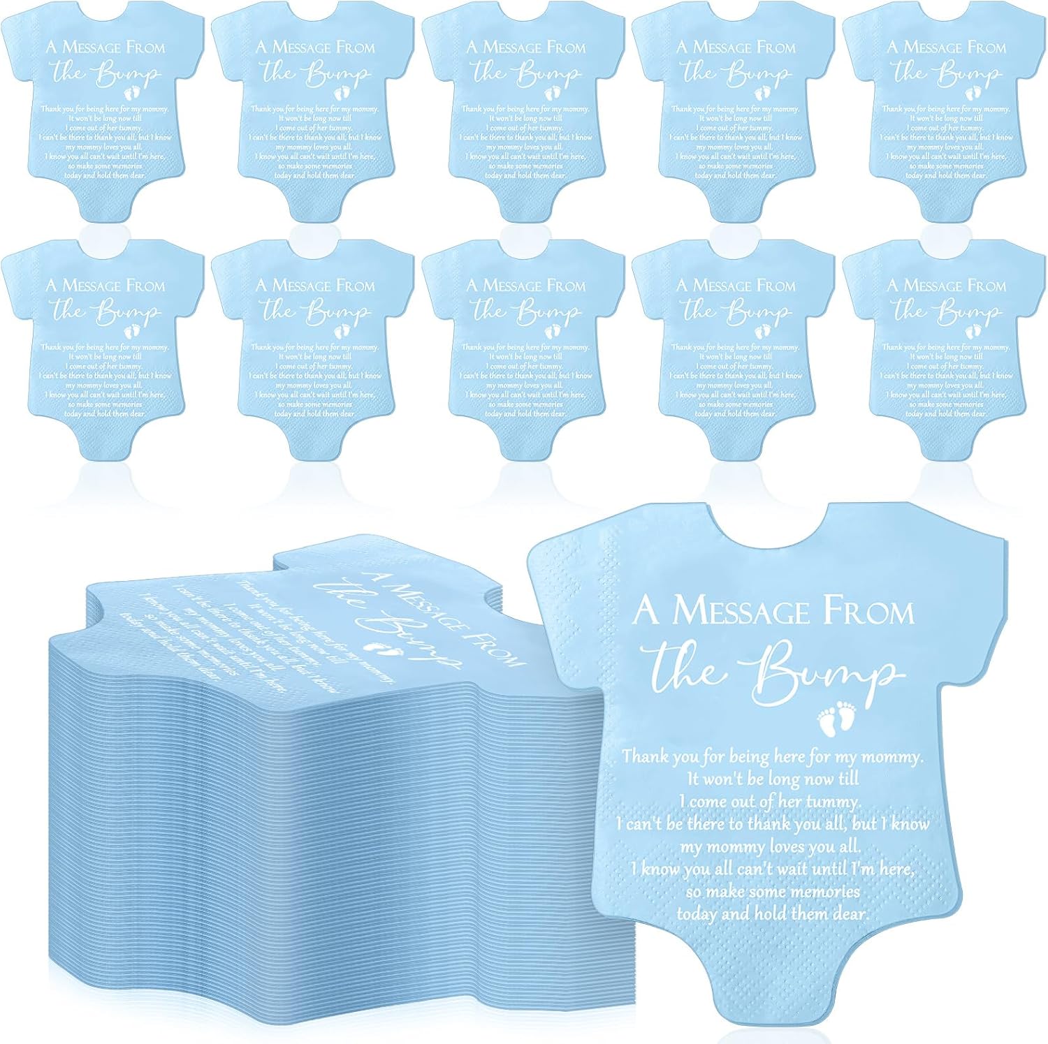 Colarr blue bodysuit shaped baby shower napkins front view