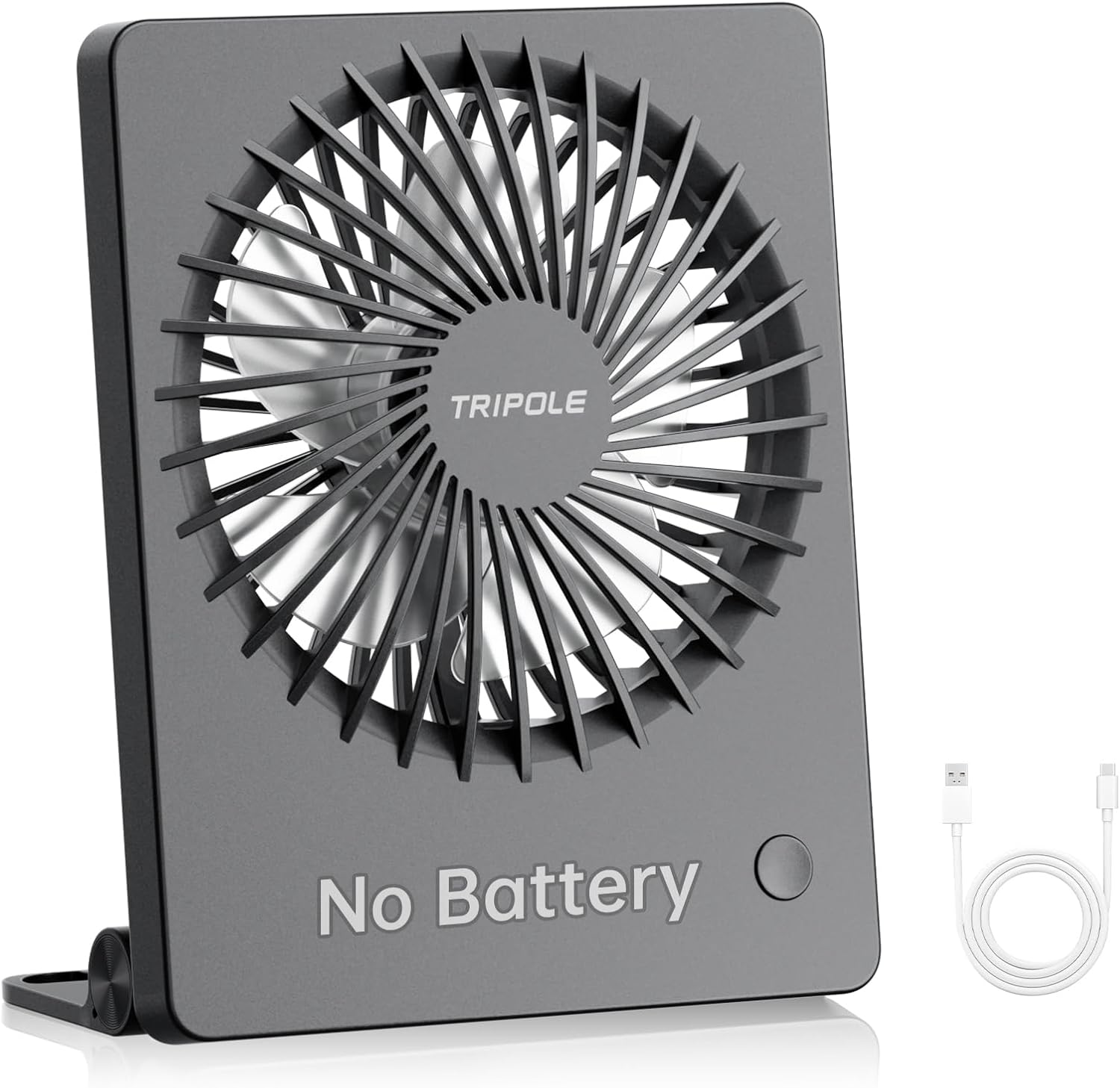 TriPole mini desk fan black front view on an office table setup
