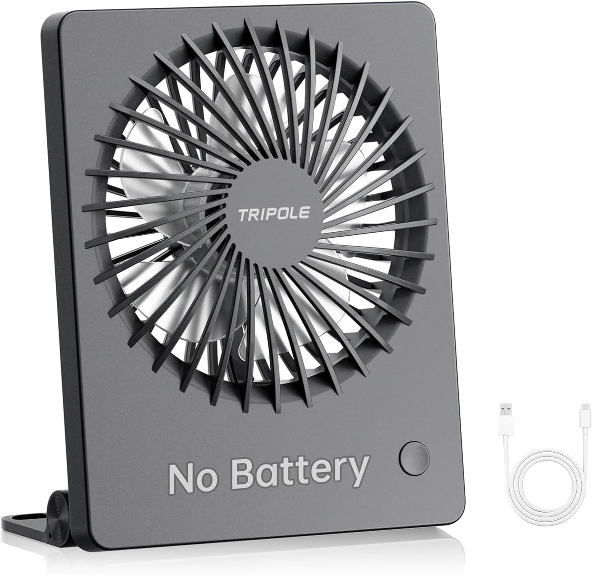 TriPole mini desk fan black front view on an office table setup