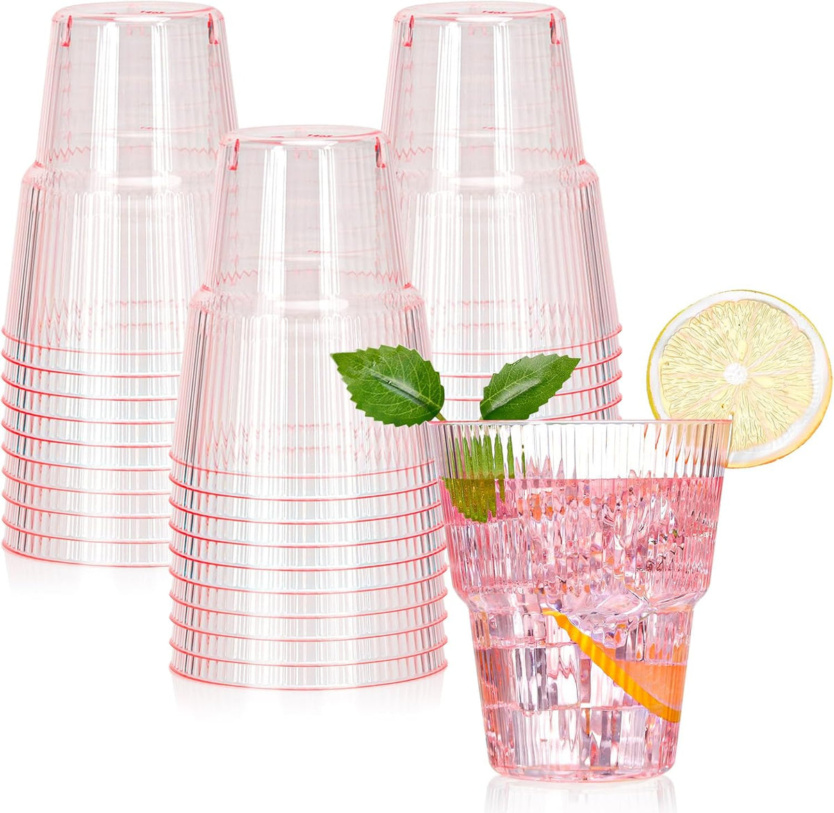 XUWAIDSGN Pink Plastic Ribbed Wine Glasses front view for wedding parties.