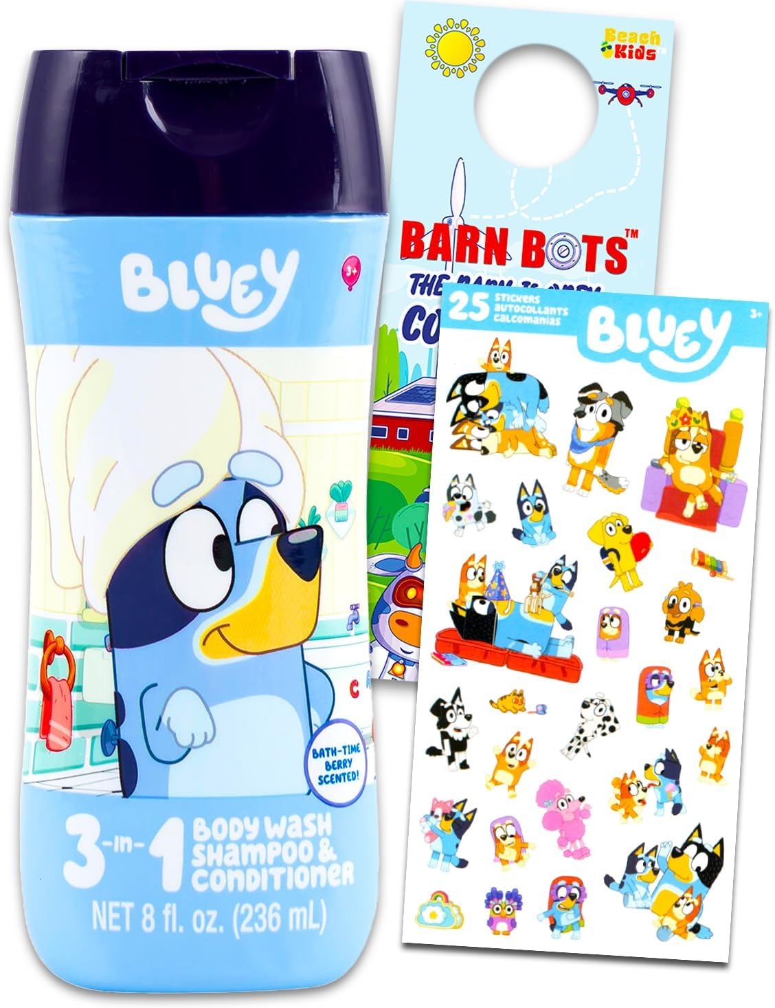 Bluey Kids Shampoo, Conditioner, Body Wash 8 Oz Bottle - Bundle with 3-in-1 Berry Scented Body Wash, Shampoo & Conditioner Plus Stickers | Bluey Bathroom Set - Image 1