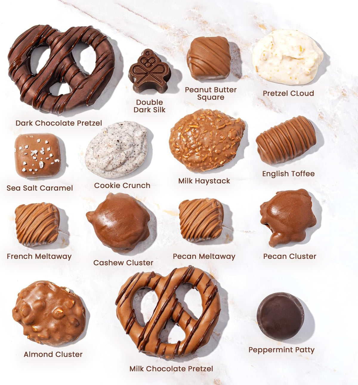 Assorted nut clusters and sea salt caramels in gift tin