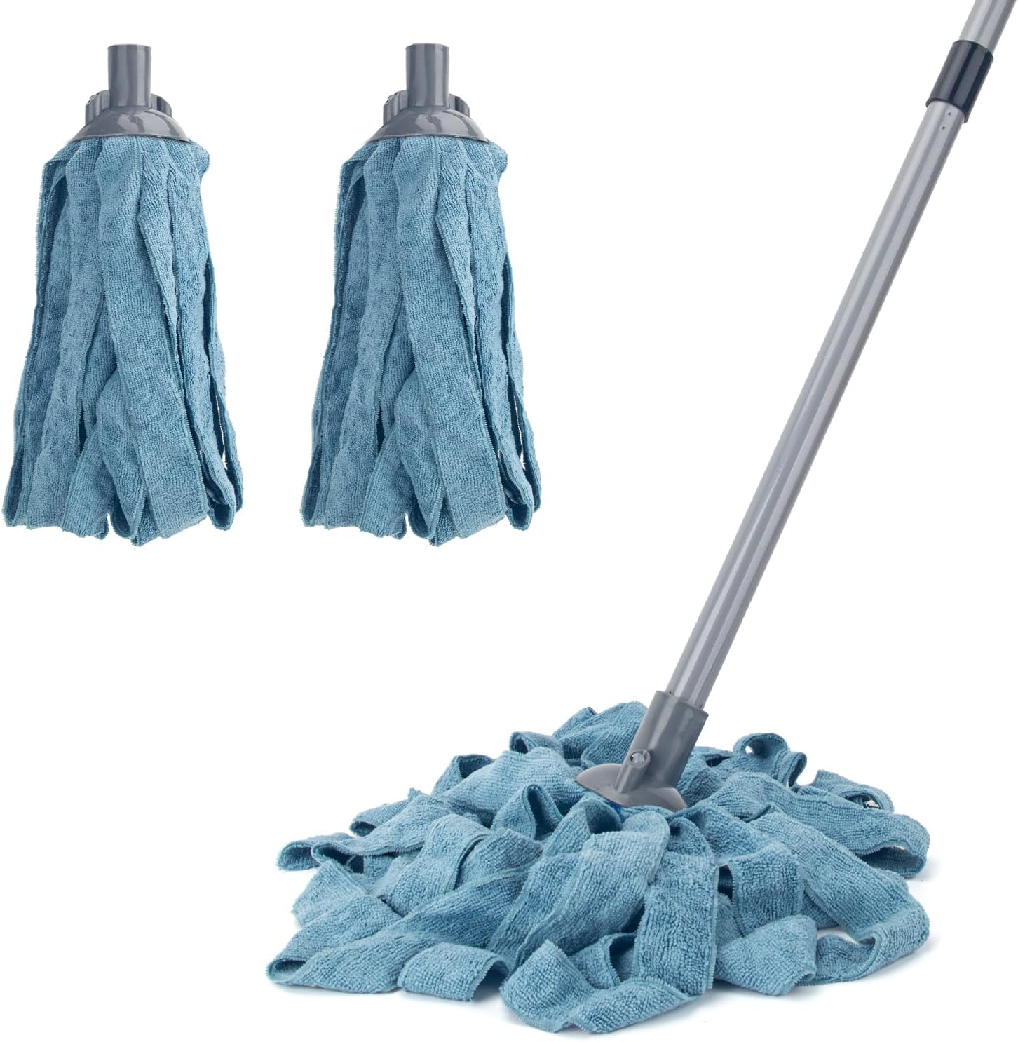 KeFanta floor cleaning mop set front view featuring adjustable stainless steel handle and blue microfiber string head.