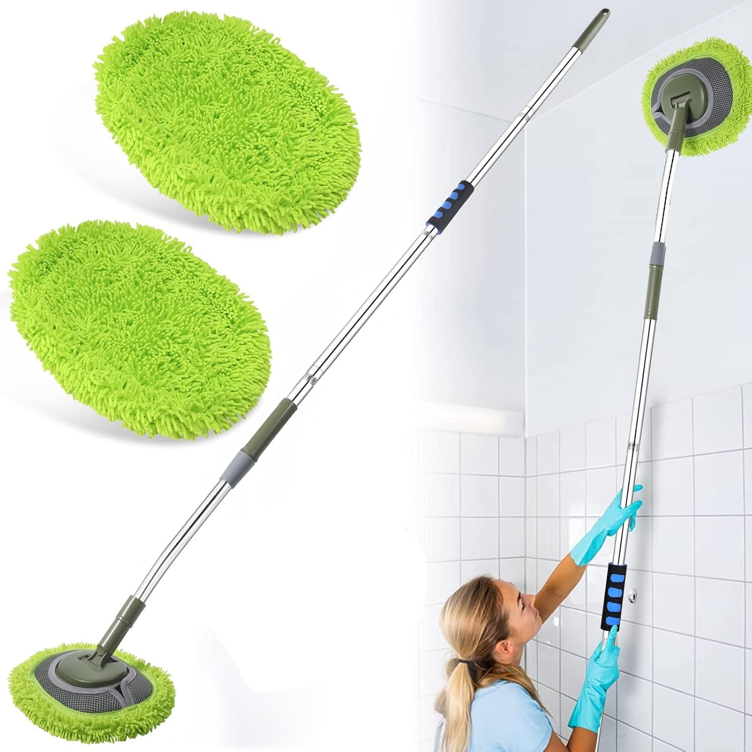 SLIIMU Wall Cleaner Max 66 Inch Mop front view showing green chenille head and stainless steel handle