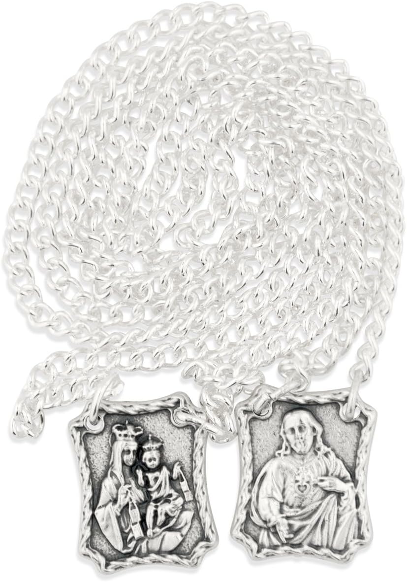 Venerare scapular with engraved medal of Jesus and Our Lady of Mount Carmel front view Catholic necklace