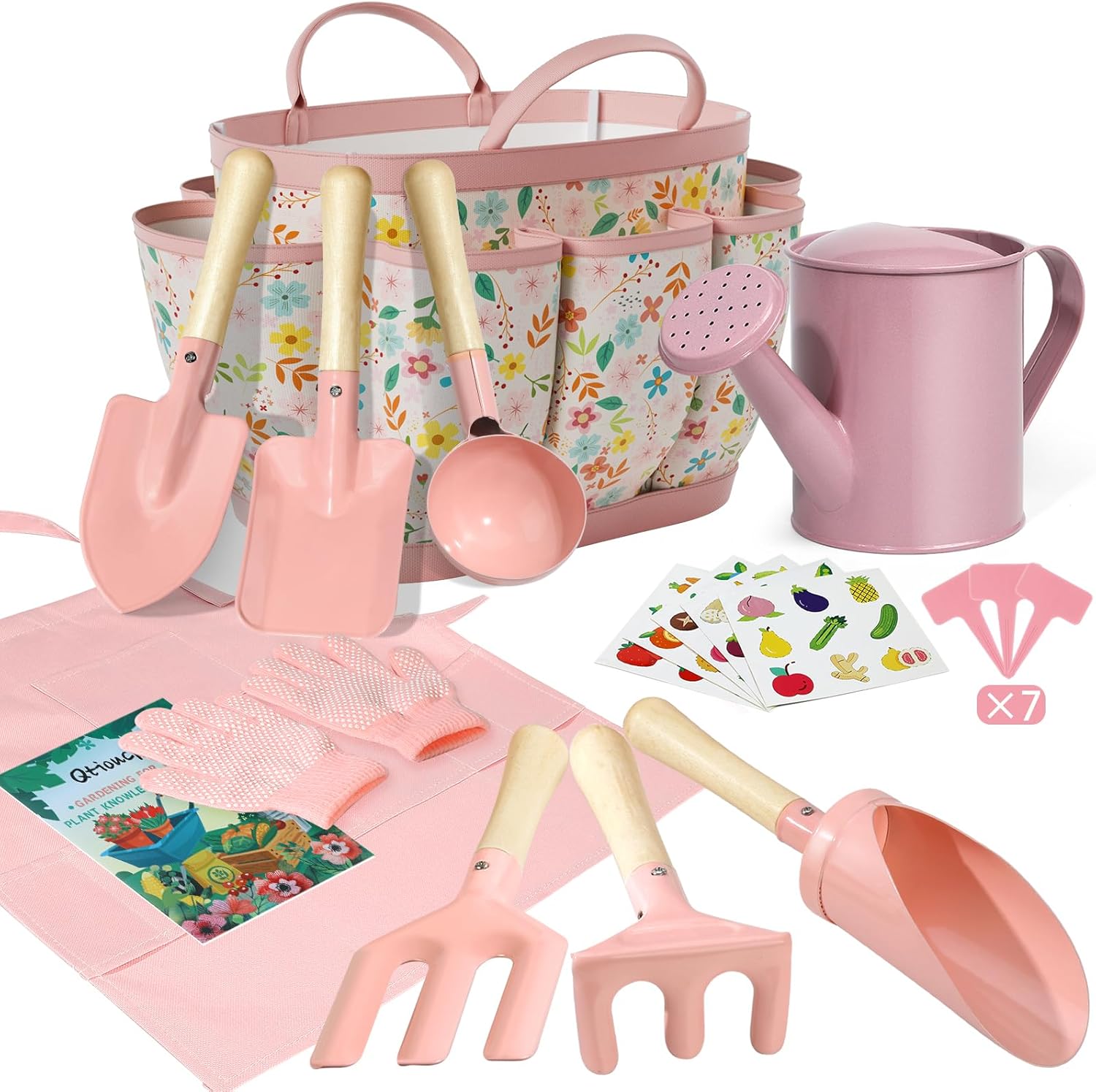 Qtioucp kids gardening set front view showing pink tote bag and metal tools