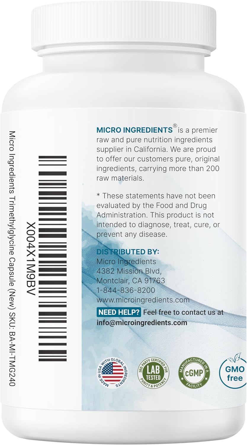 Micro Ingredients TMG 2000mg, 240 Capsules | Double Strength Betaine Anhydrous Trimethylglycine* | Non-GMO, Gluten Free - Image 9