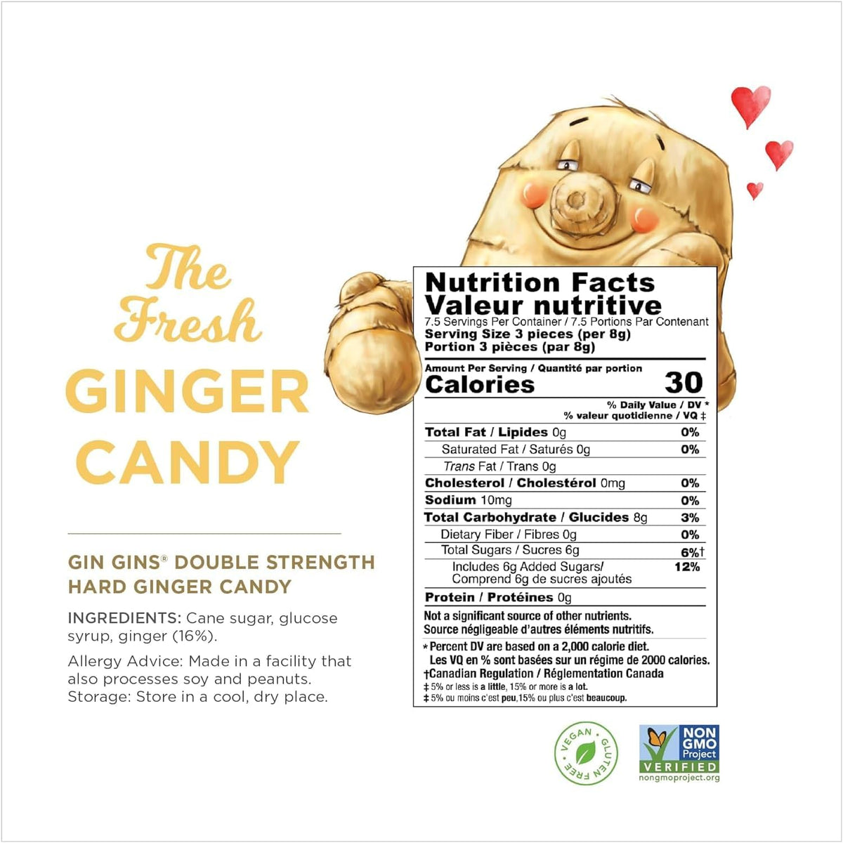 Back of packaging for The Ginger People Hard Ginger Candy showing nutritional facts and gluten-free label.