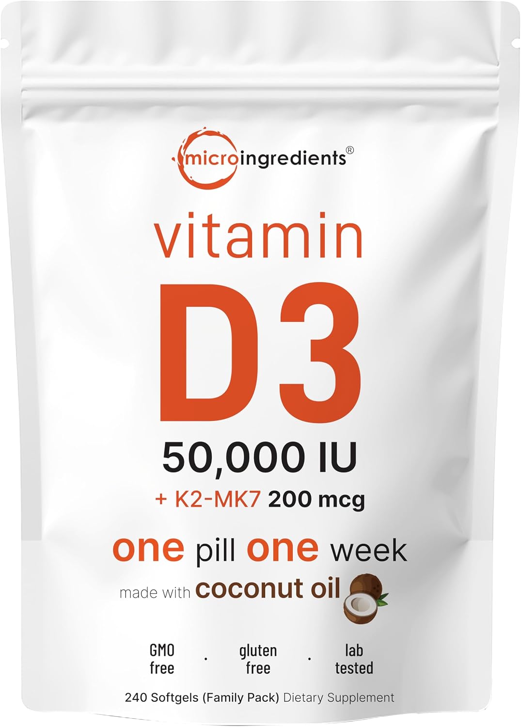 Micro Ingredients Vitamin D3 K2 softgels front view supplement bottle packaging