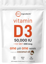 Micro Ingredients Vitamin D3 K2 softgels front view supplement bottle packaging
