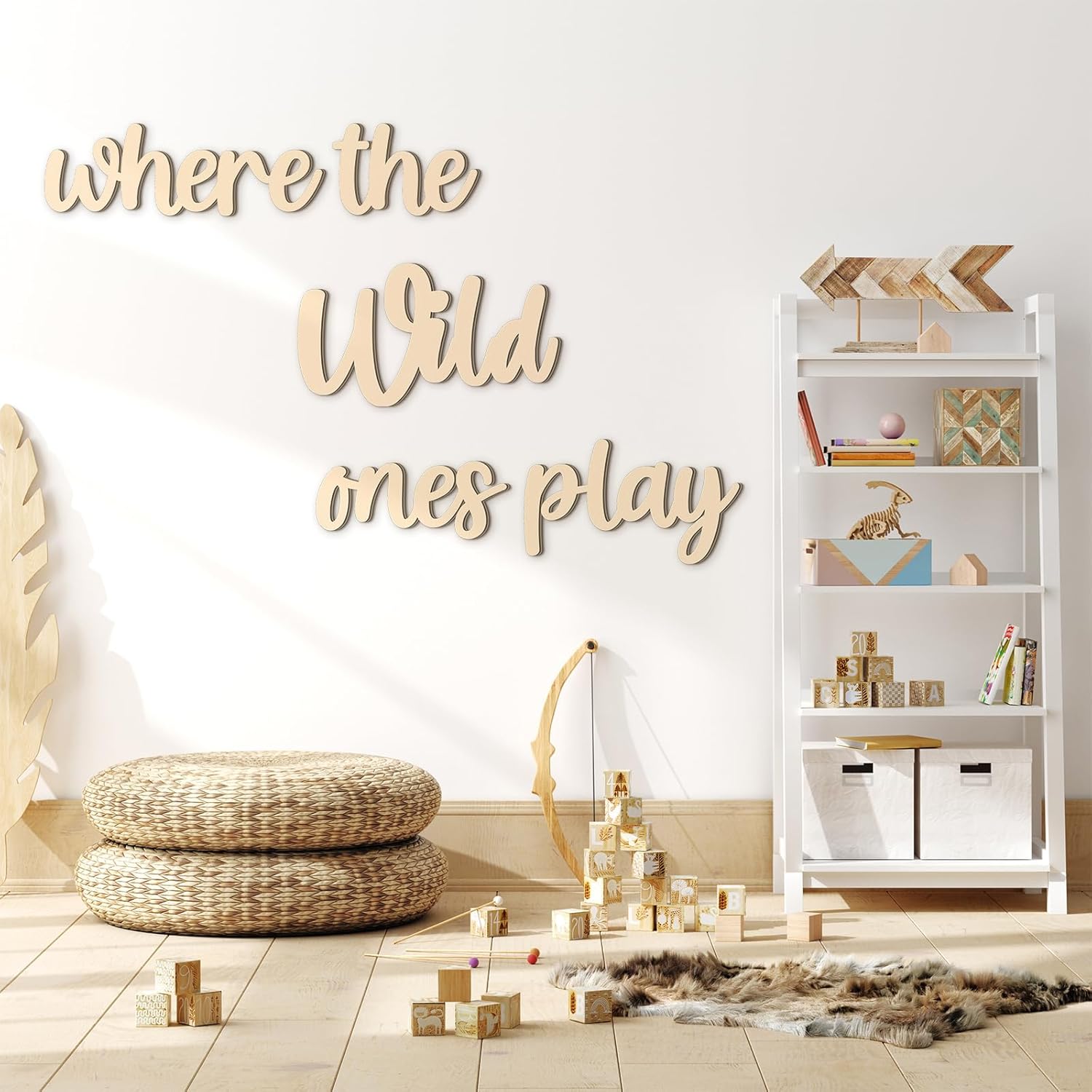Kigley 5 Pieces Playroom Wall Decor front view displayed on a neutral colored nursery wall.