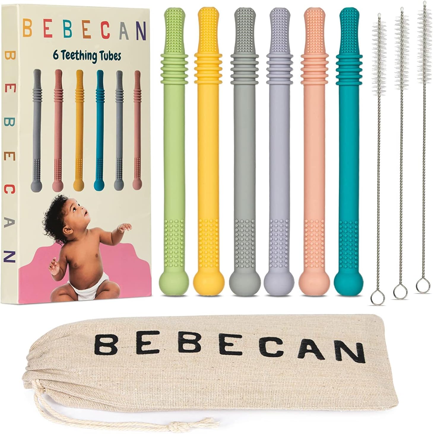 BEBECAN silicone teething sticks front view showing six vibrant colors for infant oral soothing relief.