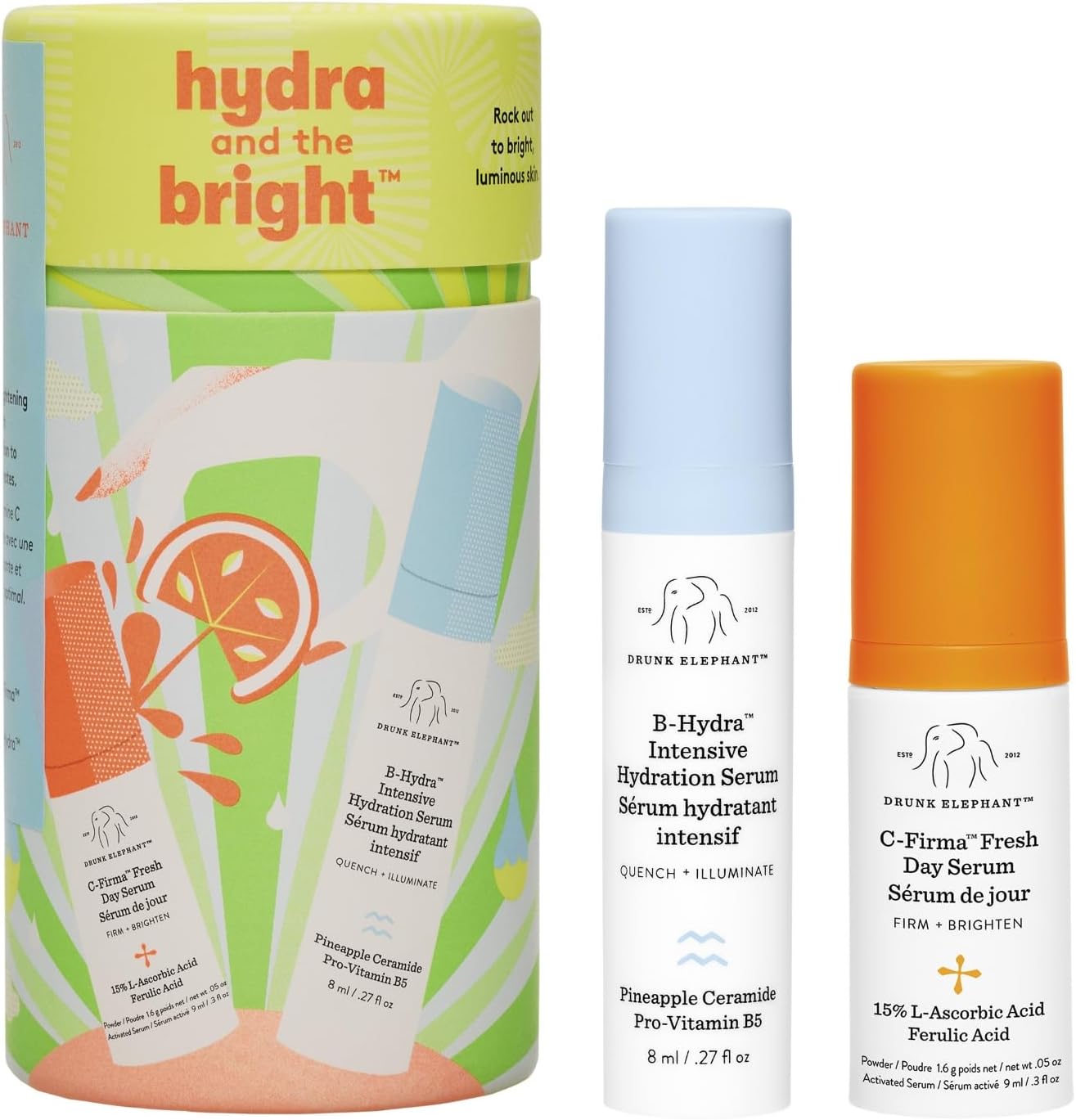 Drunk Elephant Hydra and the Bright travel set front packaging view