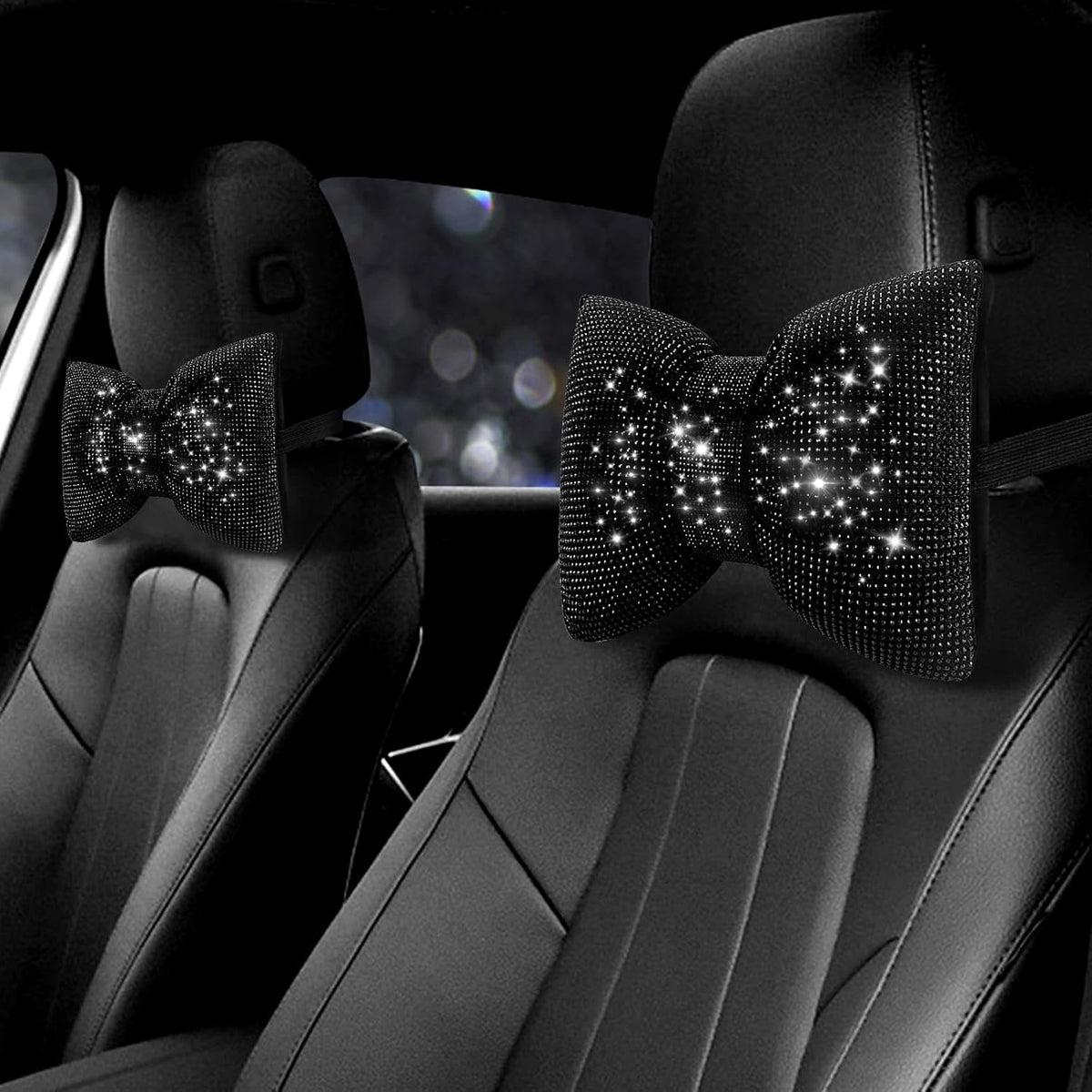 Surpassme Rhinestone Car Headrest Neck Pillow front view showing the sparkly black crystal bow design.