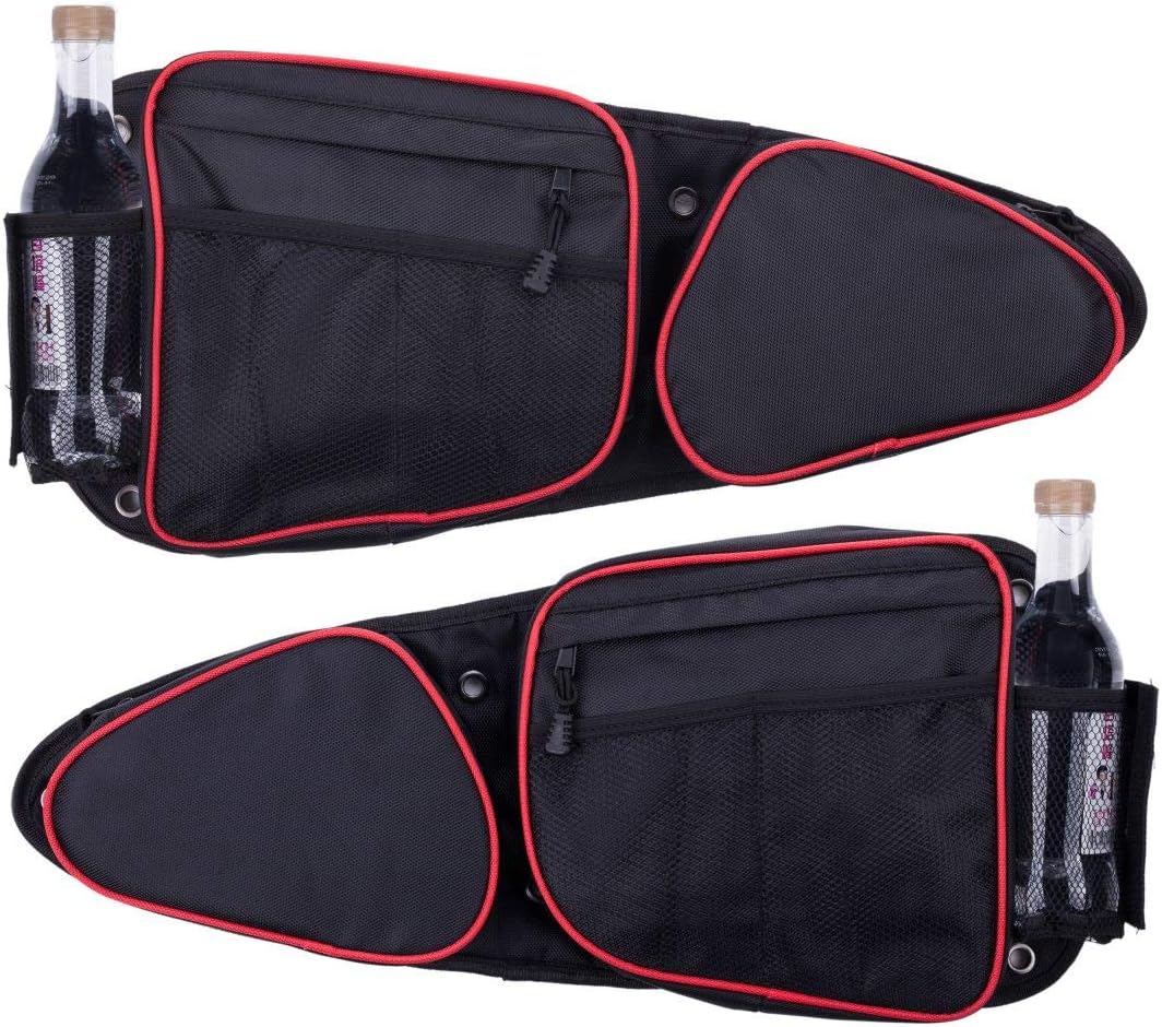 Xintre Side Door Bags for RZR front view showing durable black polyester material and red piping accents