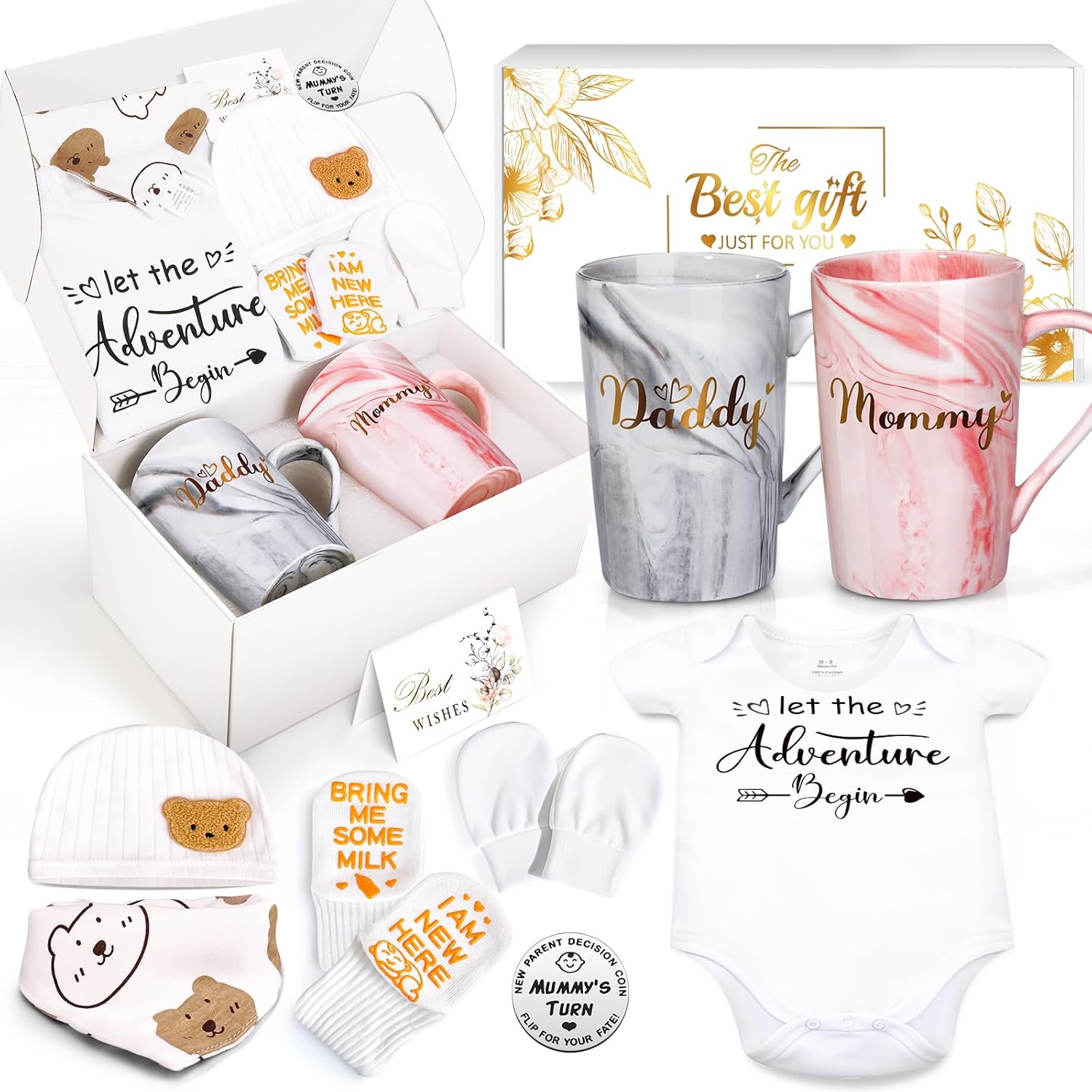 Guiseapue new mom gifts gender reveal basket front view showcasing packaged items