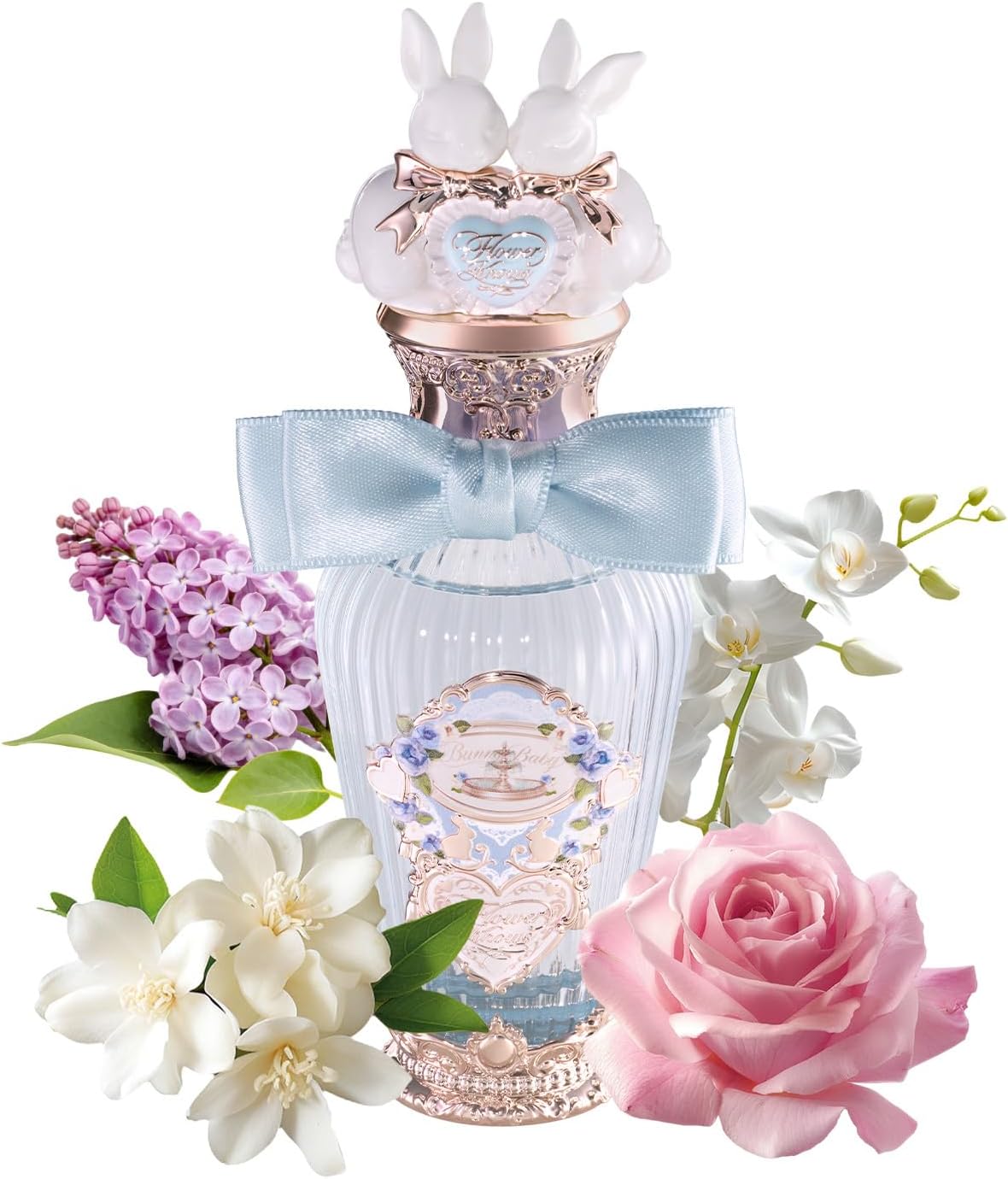 Flower Knows Bunny Garden Perfume front view of Snowflake Bunny bottle with light blue satin ribbon
