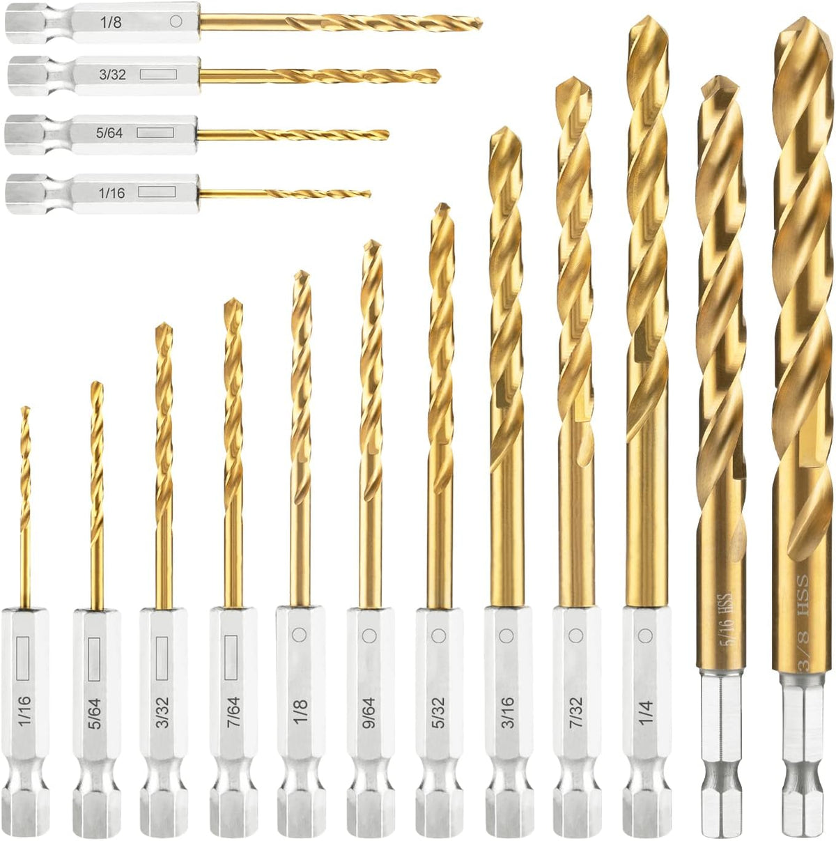 Amoolo hex shank drill bit set front view showing all 16 pieces in plastic case