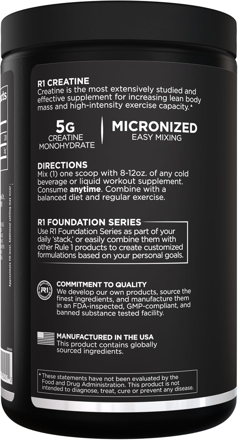Rule 1 micronized creatine powder scoop and texture view
