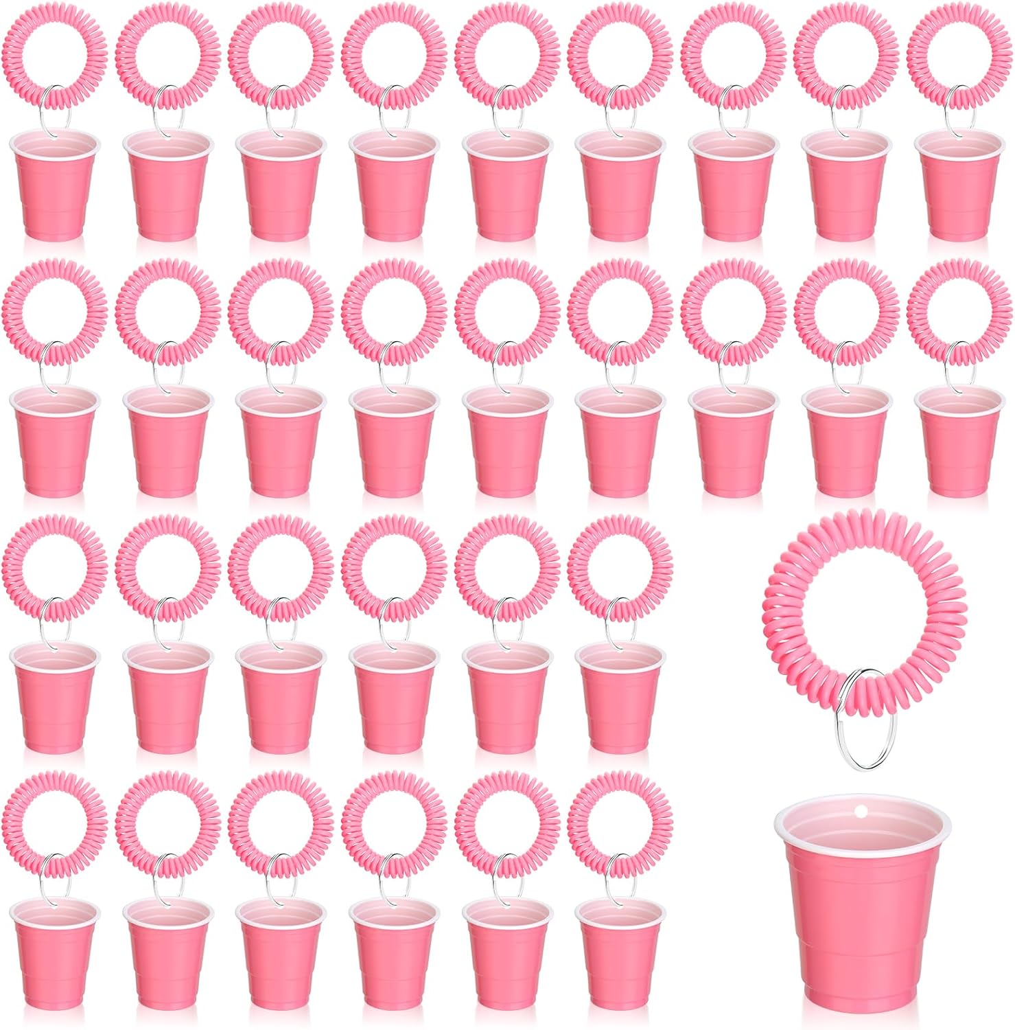 Smaodsgn pink shot cups with wristbands front view for party favors.