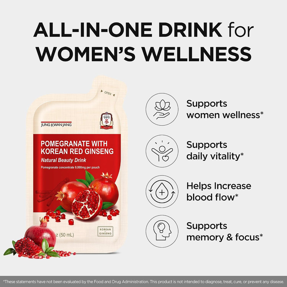 Premium Korean red ginseng and pomegranate natural beauty drink pouch close up