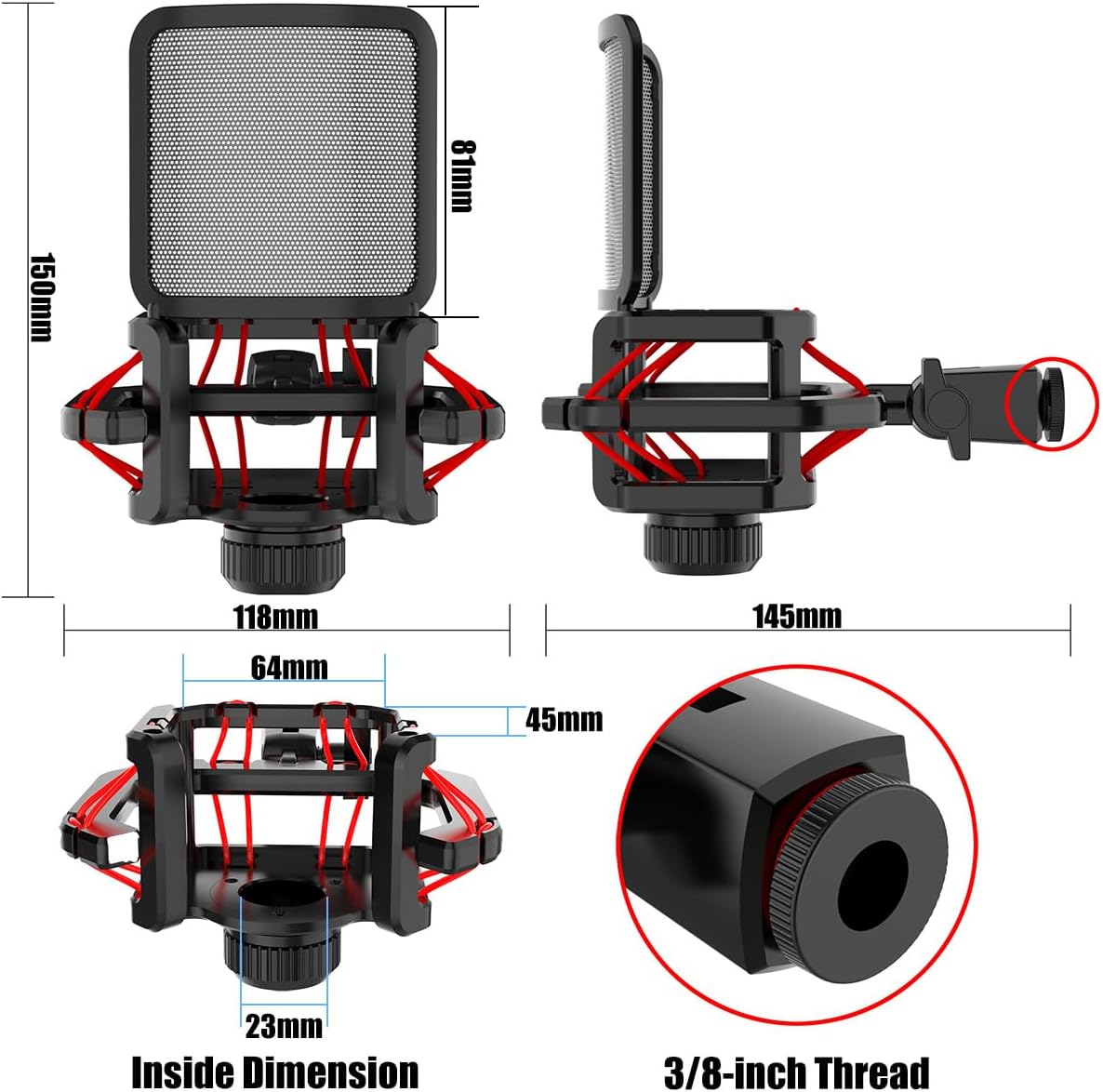 Haineao studio microphone shock mount angled perspective with 3/8 inch threaded connector