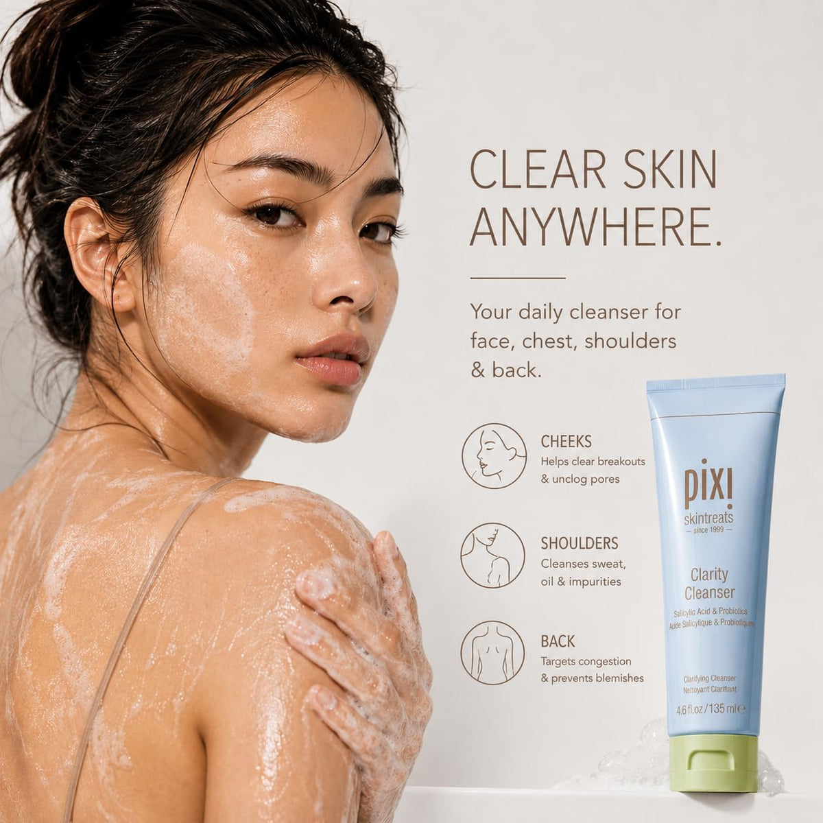 Pixi Clarity Cleanser four point six fluid ounce bottle showing official brand logo and benefits