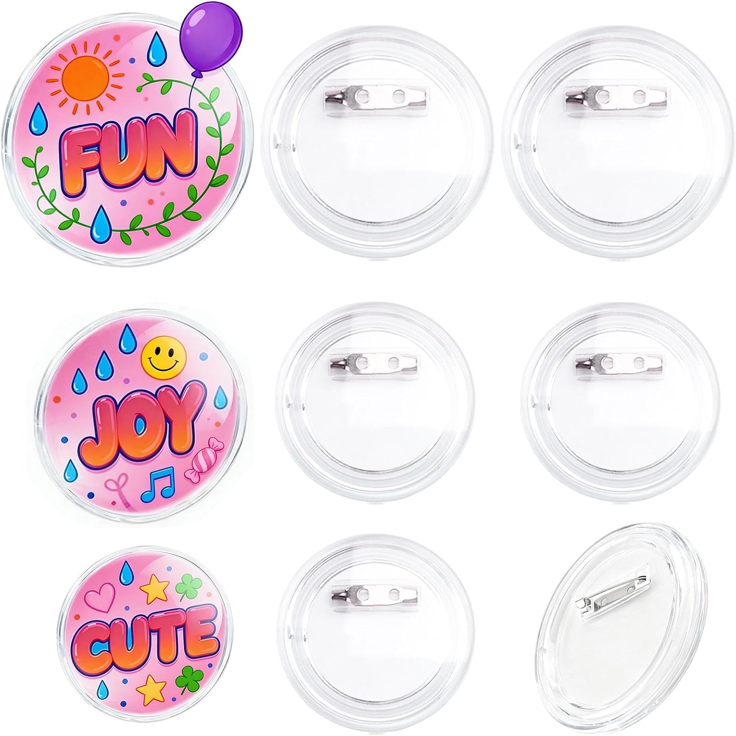 Asofelk clear acrylic picture button pin front view showcasing transparent round plastic badge pieces