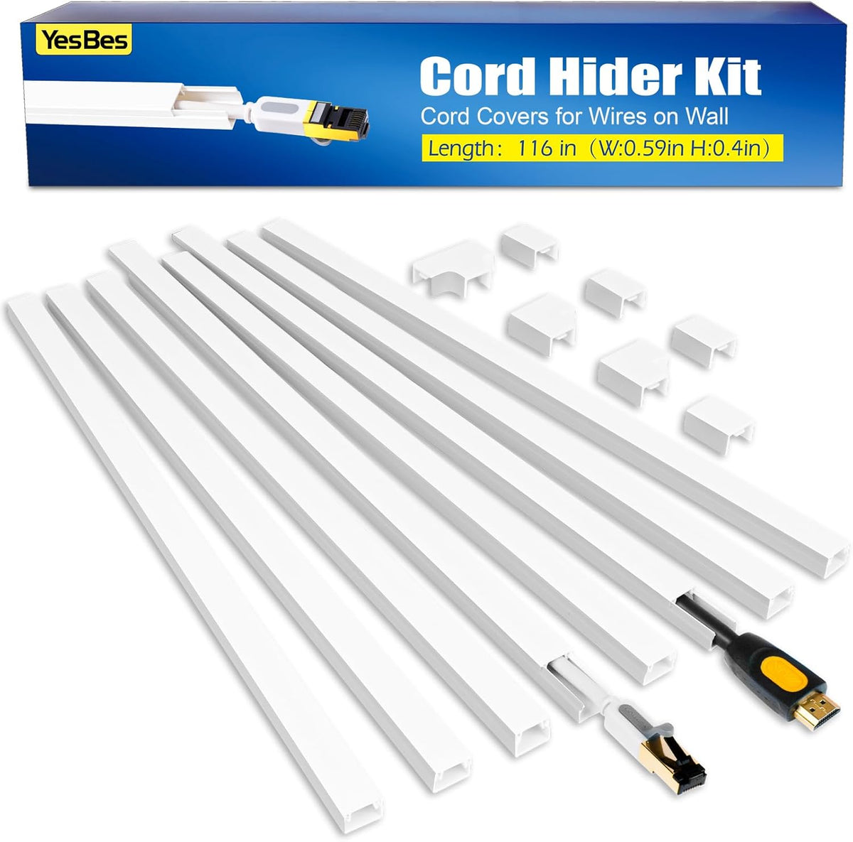YesBes cord hider kit front view showing the complete set of white cable raceway channels and connectors