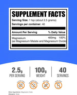 BulkSupplements unflavored magnesium powder back label showing nutrition facts and clean ingredients.