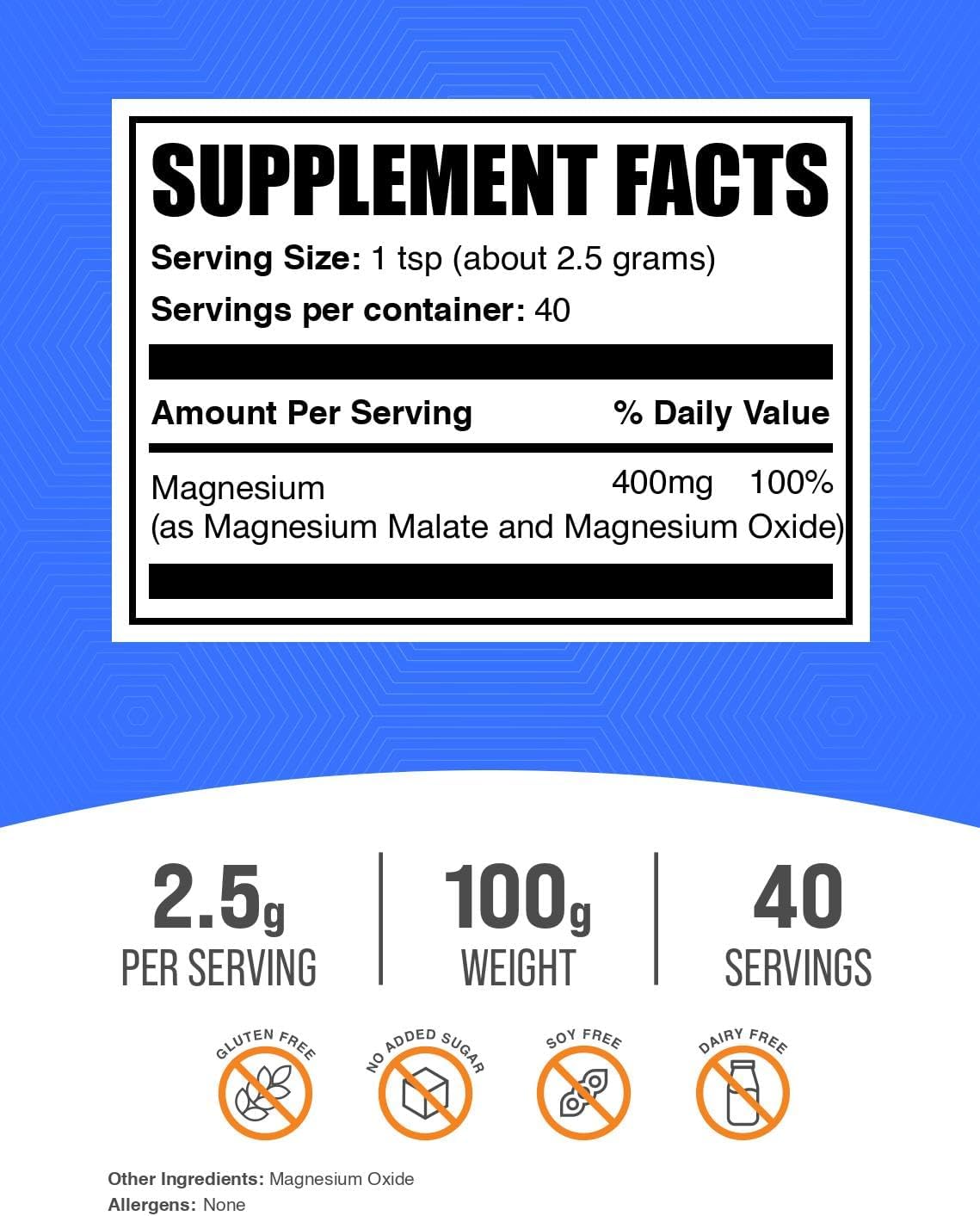 BulkSupplements unflavored magnesium powder back label showing nutrition facts and clean ingredients.