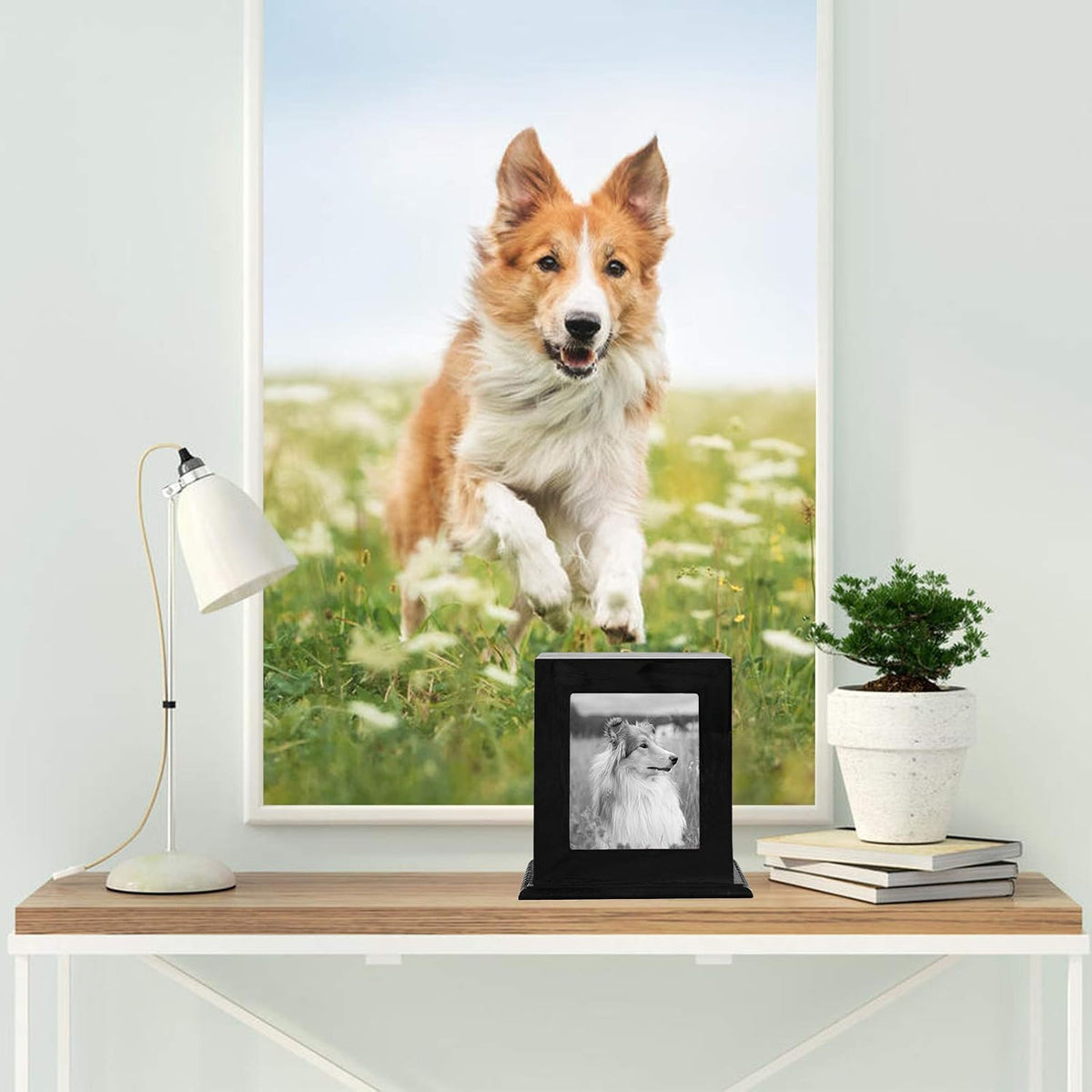 BRKURLEG pet urn displayed with a pet photograph