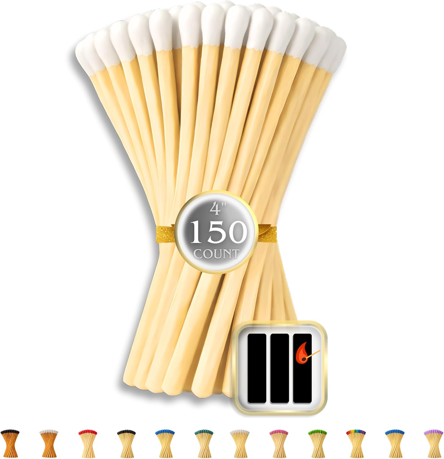 Zeyoung decorative white matches front view showing one hundred and fifty count long wooden sticks